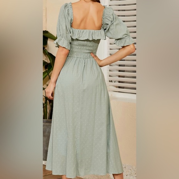 Cottage Core Olive Smocked Dress with Puff Sleeves - Picture 8 of 11